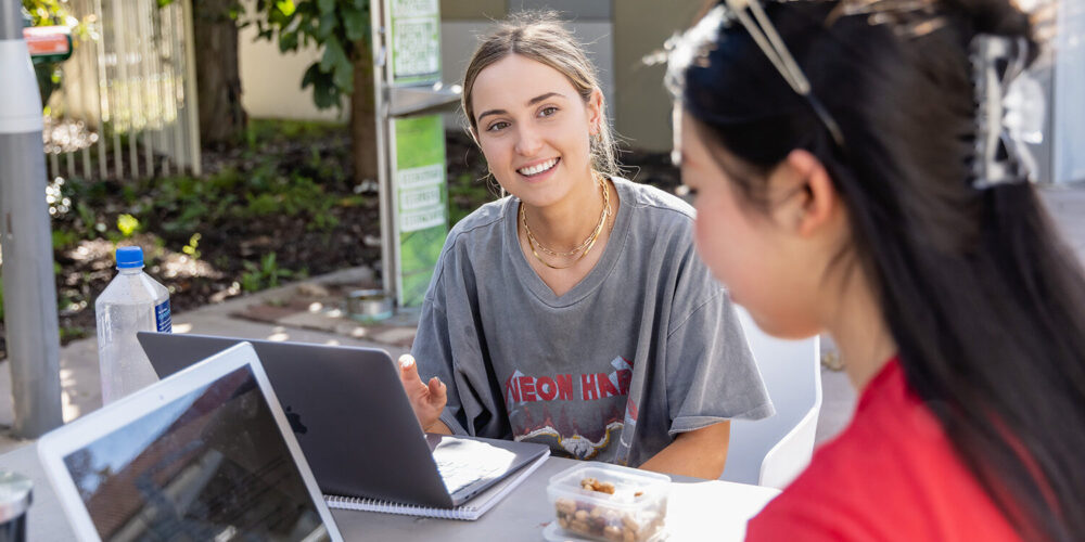 2 female students typing on their laptops on an outside table.