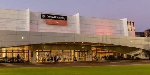 Front entrance of stadium in the evening