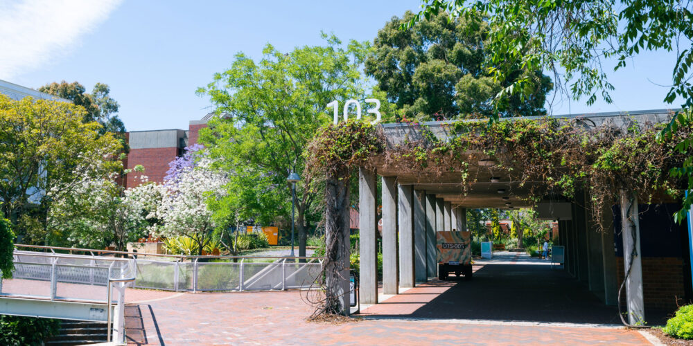 Building 103 with green trees and flower in the background