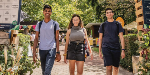 Three students walk across campus with lush foliage behind them